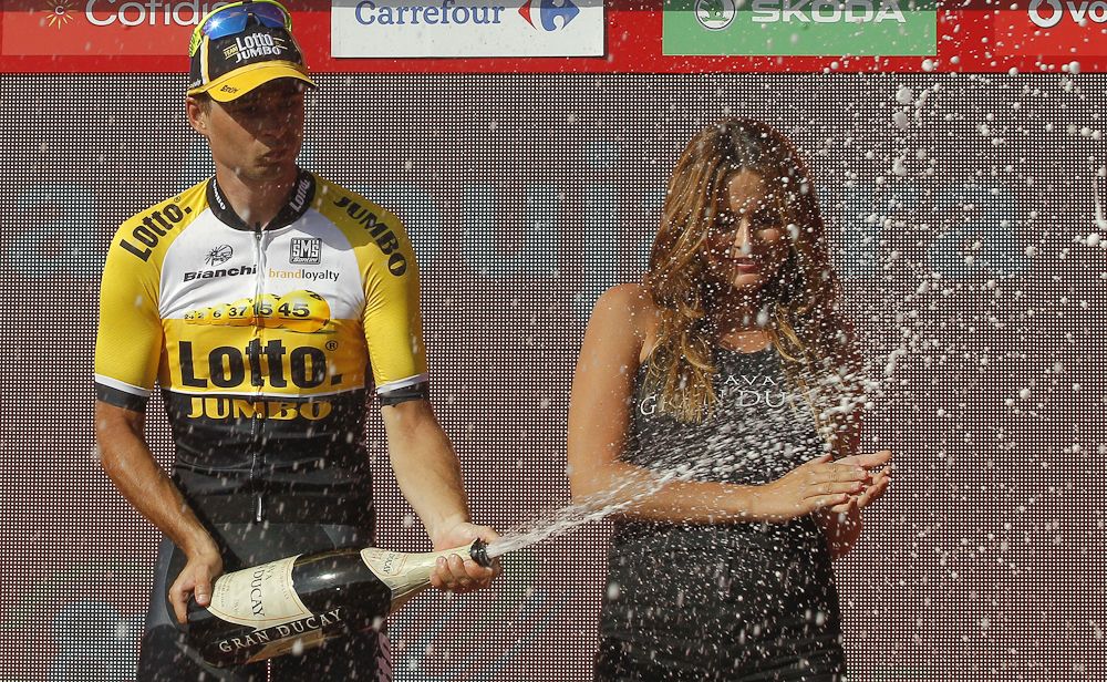 Bert-Jan Lindeman (LottoNL-Jumbo) celebrates on the stage 7 podium.