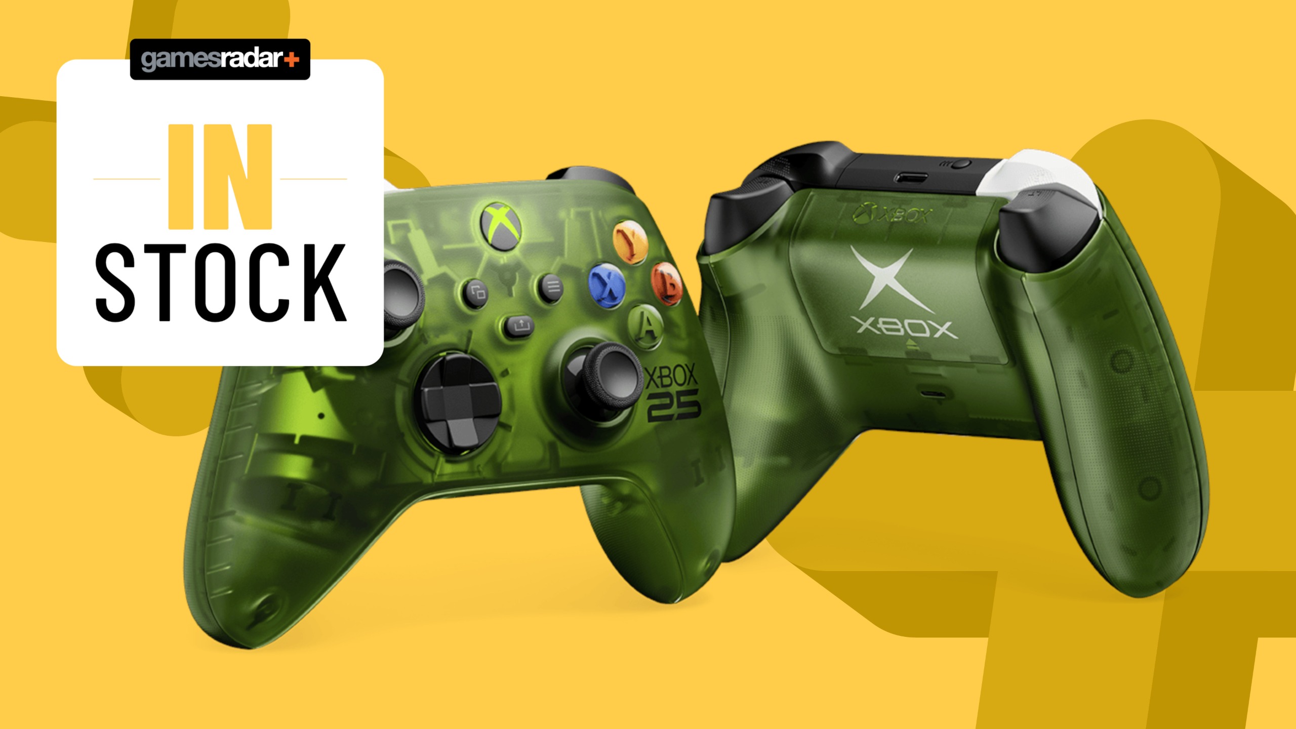Xbox X25 controller on a yellow background with in stock badge