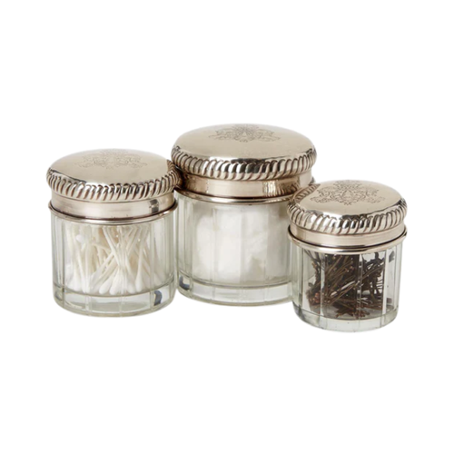 Antique Silver Plated Brass Lidded Glass Jars (set of 3)