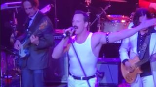 Patrick Wilson singing Queen while dressed as Freddie Mercury