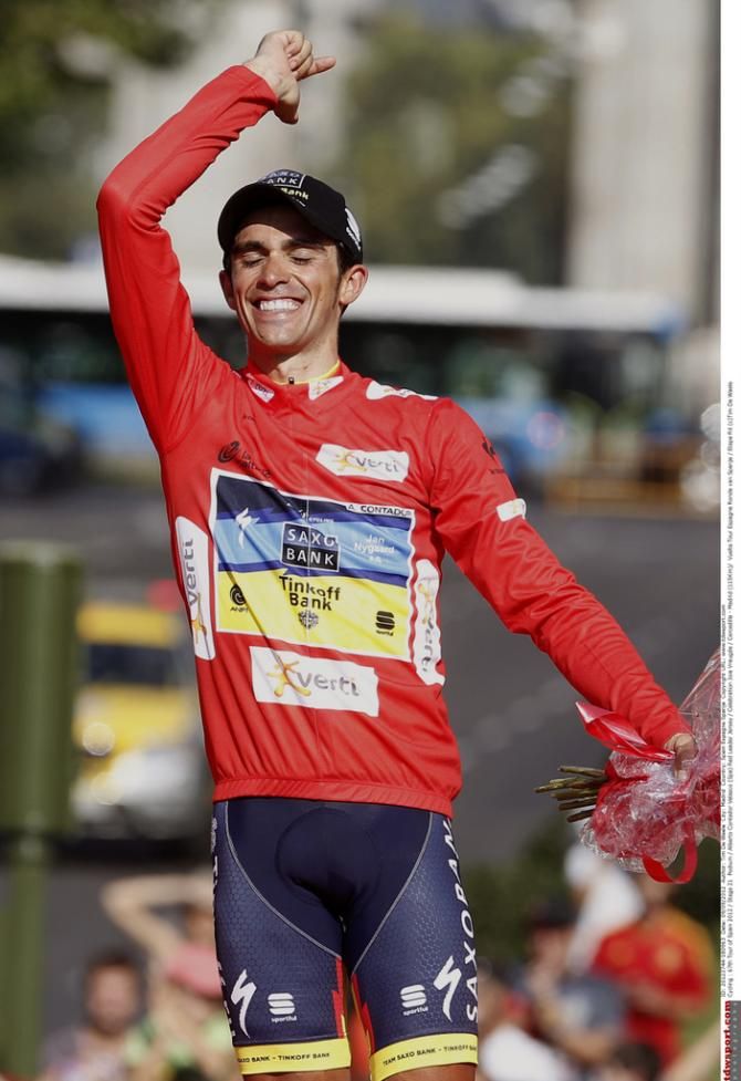 Alberto Contador celebrating his 2012 Vuelta a Espa&ntilde;a win
