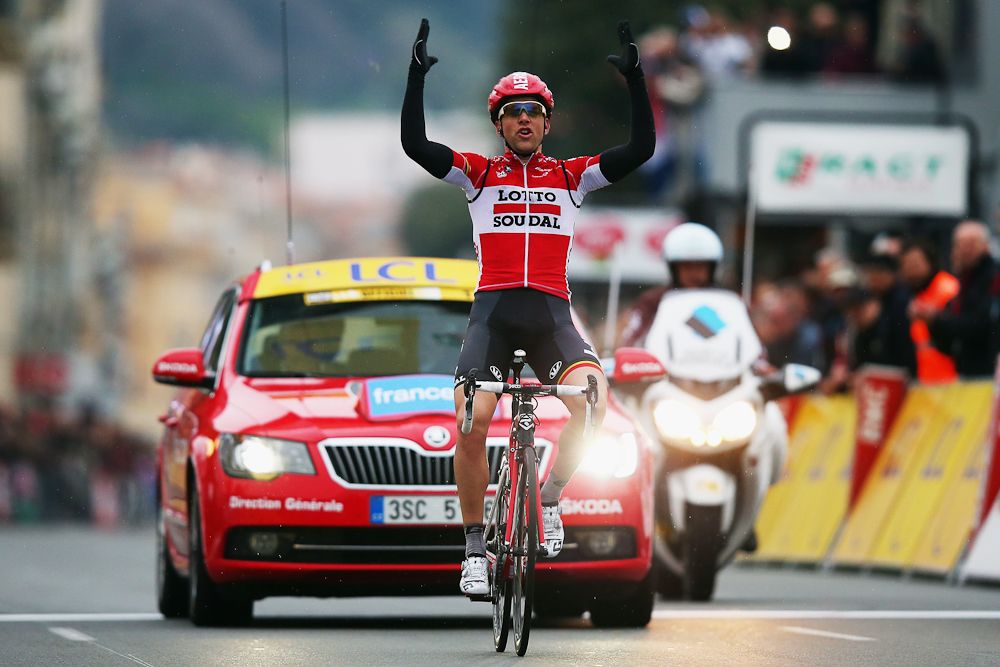 Tony Gallopin of France and Lotto-Soudal celebrates winning stage six of the 2015 Paris-Nice from Vence to Nice.