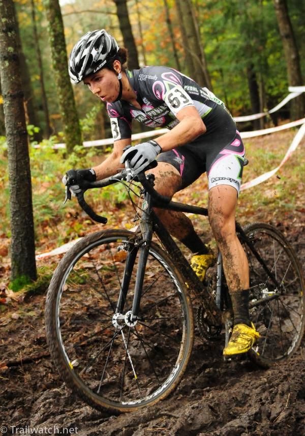 Anna Barensfeld (Pedalpowertraining.com) riding the whole race in second place.