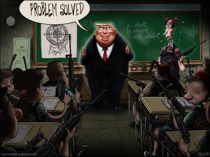 Political cartoon U.S. Trump arming teachers school shooting