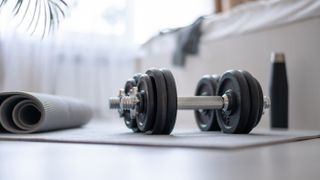 Home weights set deals: Here, an image of a set of dumbbells in a bedroom.