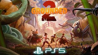 Grounded 2 artwork showing miniature survivors exploring a giant backyard filled with oversized insects, towering plants, and pumpkins, with a PlayStation 5 logo displayed beneath the game's title.