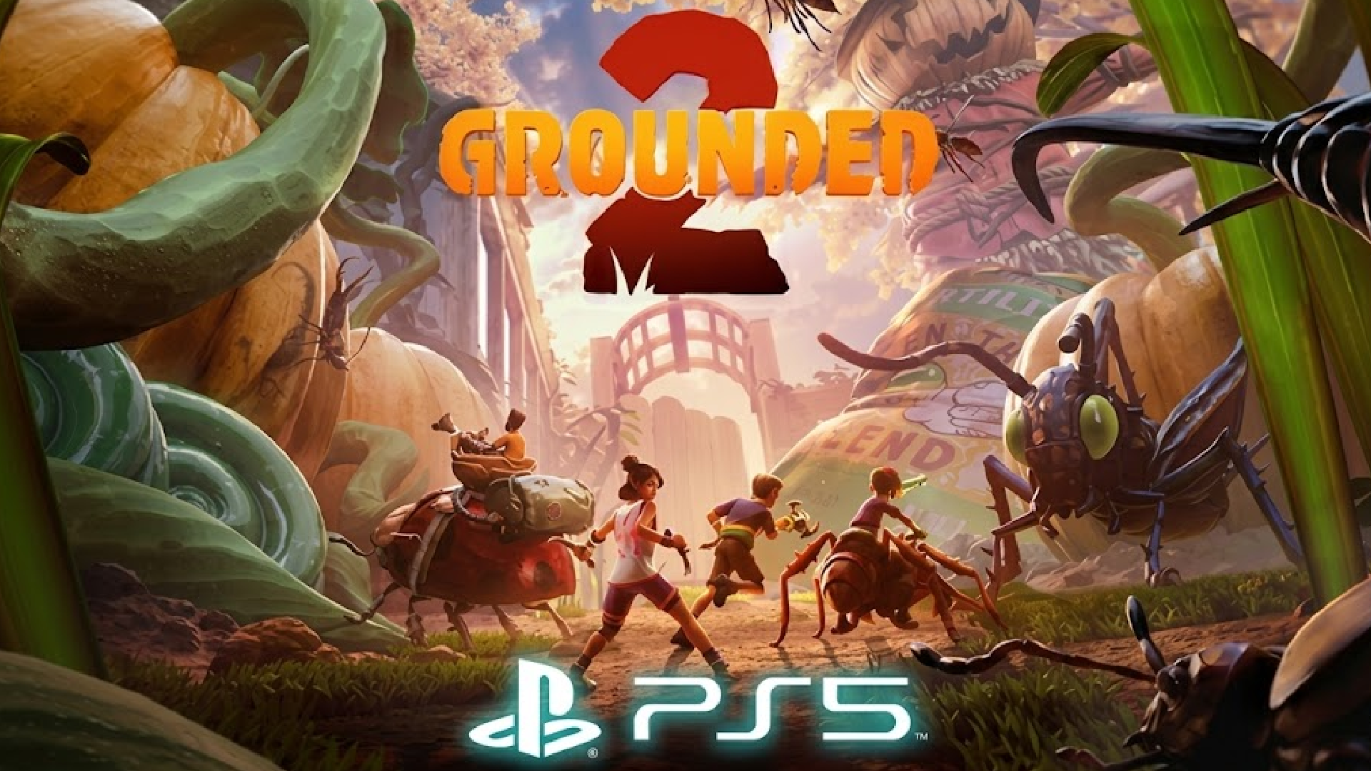 Grounded 2 artwork showing miniature survivors exploring a giant backyard filled with oversized insects, towering plants, and pumpkins, with a PlayStation 5 logo displayed beneath the game's title.