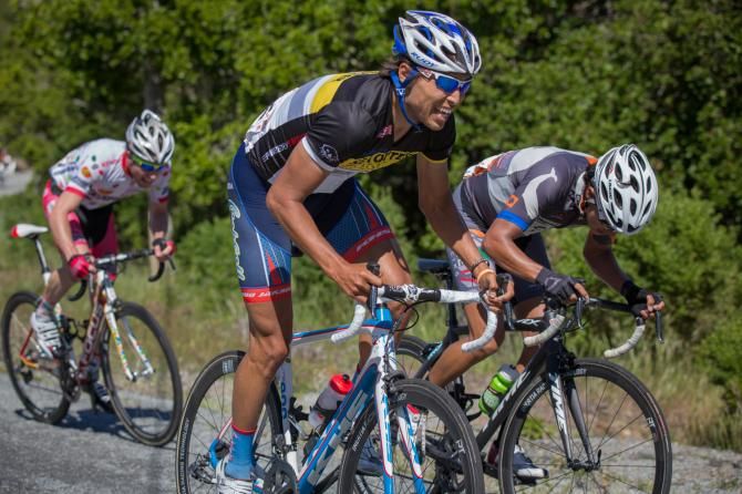 Cole House digs deep in attempt to save his yellow jersey in the final meters of the Sea Otter road race.