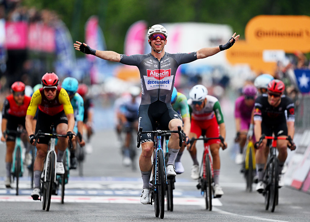 NAPOLI ITALY MAY 15 Kaden Groves of Australia and Team Alpecin Deceuninck celebrates at finish line as stage winner during the 108th Giro dItalia 2025 Stage 6 a 227km stage from Potenza to Napoli UCIWT on May 15 2025 in Potenza Italy Photo by Tim de WaeleGetty Images