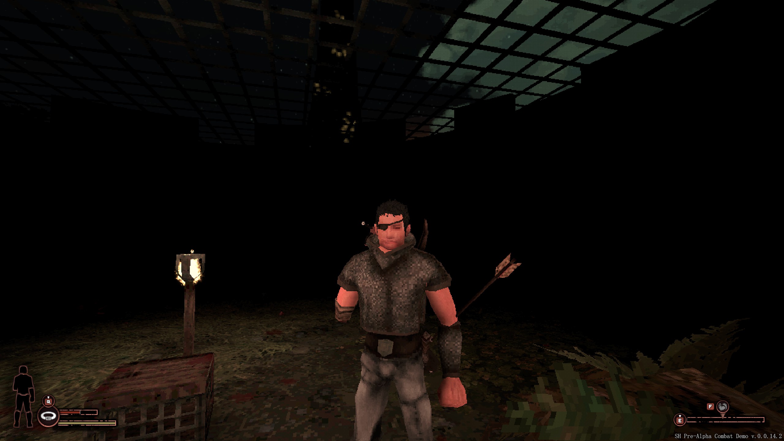 Sword Hero man standing in darkened room with arrow sticking out of him.
