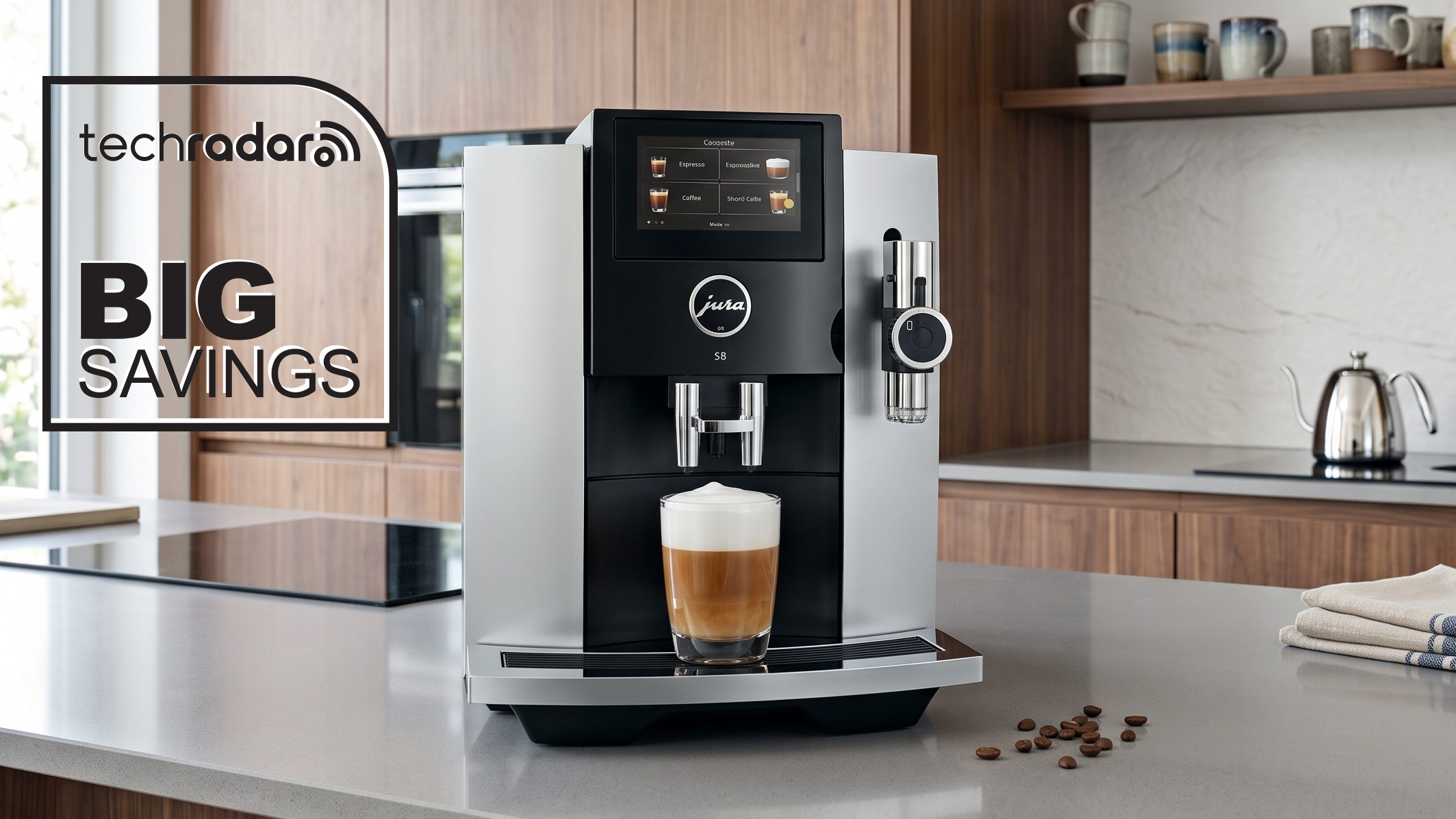 Jura S8 coffee machine on a kitchen counter.