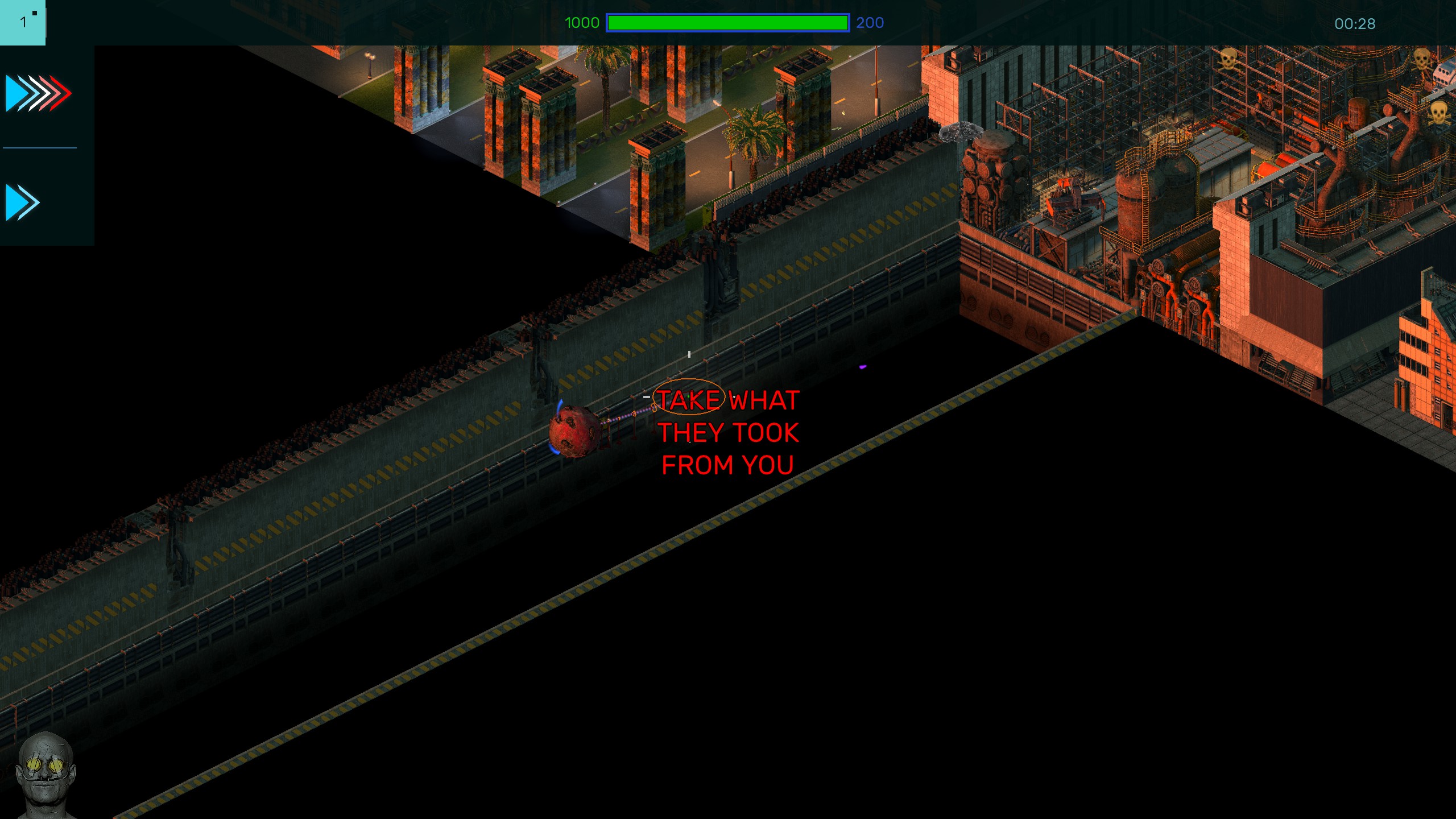 Brigador Killers gameplay pinball mech approaching city text: "TAKE WHAT THEY TOOK FROM YOU"