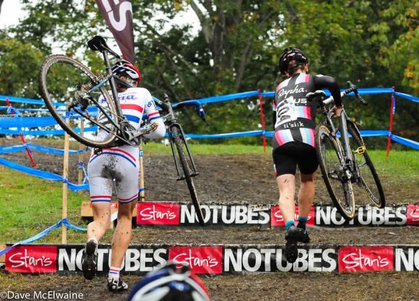 Gabby Day (Rapha Focus) leading Helen Wyman (Kona) on lap one