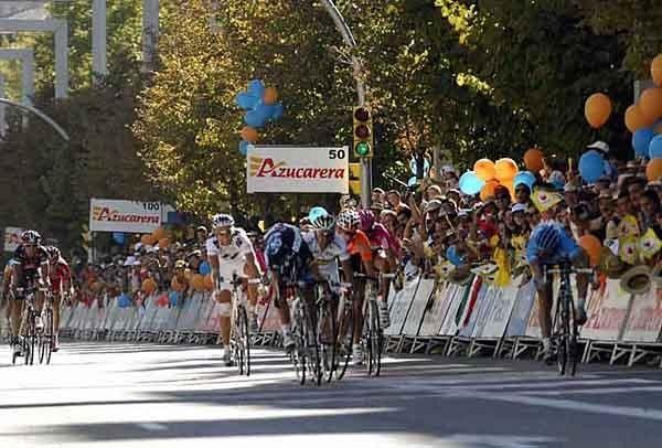 The sprint in full swing as Zabel does the 'tiger jump'