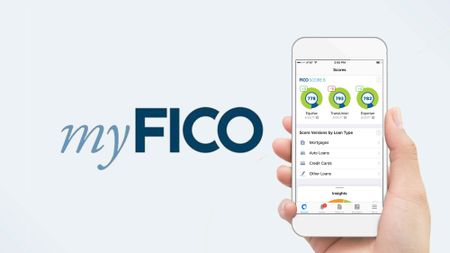 MyFICO app shown on a smartphone screen held in hand - MyFICO Premier review