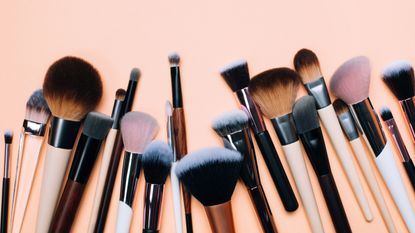 flatlay of selection of make-up brushes