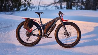 The Trek Farley fat tire mountain bike in the snow side on