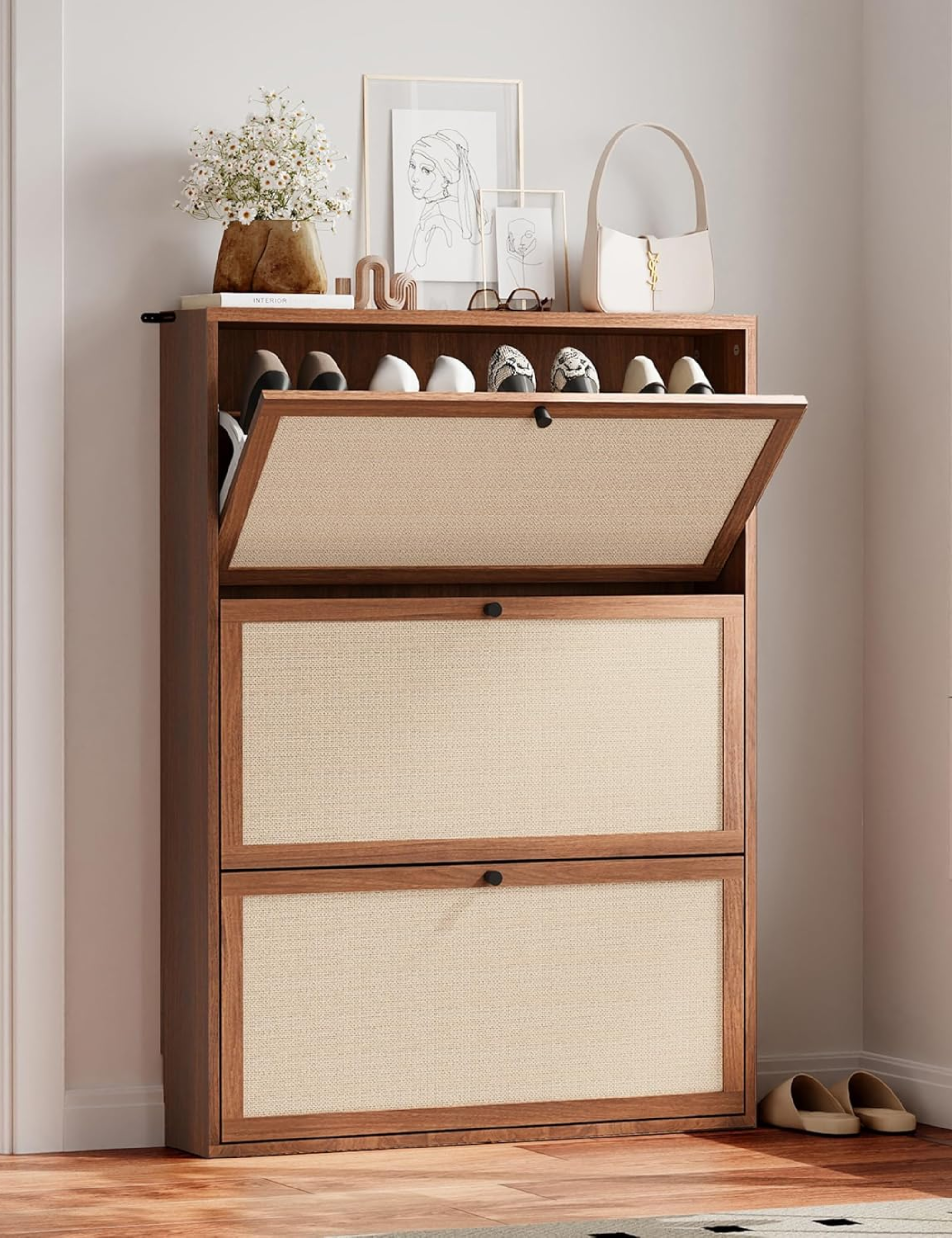Minimalist, Japanese-style shoe cabinet styled in a narrow entryway