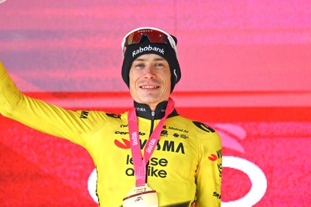BLOCKHAUS, ITALY - MAY 15: Jonas Vingegaard of Denmark and Team Visma | Lease a Bike celebrates at podium as stage winner during the 109th Giro d'Italia 2026, Stage 7 a 244km stage from Formia to Blockhaus 1658m / #UCIWT / on May 15, 2026 in Blockhaus, Italy. (Photo by Tim de Waele/Getty Images)