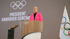 IOC President Kirsty Coventry speaks during the Olympic presidential handover ceremony in Lausanne, Switzerland, on June 23, 2025.