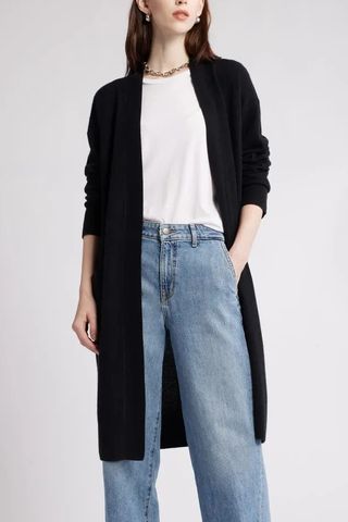 Long Open Front Wool & Cashmere Cardigan