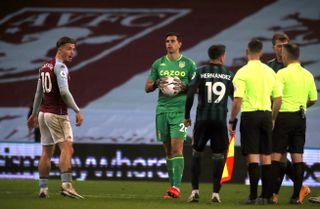Aston Villa’s Jack Grealish (left) gestures towards referee Paul Tierney and the match officials after the Premier League match at Villa Park, Birmingham