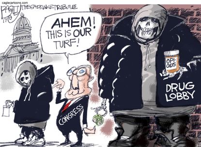 Political cartoon U.S. Opioid addiction crisis drug lobby GOP