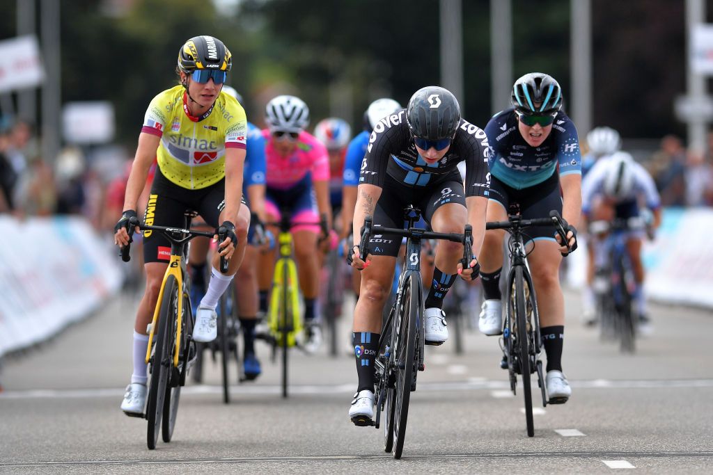 HARDENBERG NETHERLANDS AUGUST 25 LR Marianne Vos of Netherlands and Team Jumbo Visma Yellow Leader Jersey and Lorena Wiebes of Netherlands and Team DSM sprint at finish line during the 23rd Simac Ladies Tour 2021 Stage 1 a 1344km stage from Zwolle to Hardenberg SLT2021 UCIWWT on August 25 2021 in Hardenberg Netherlands Photo by Luc ClaessenGetty Images