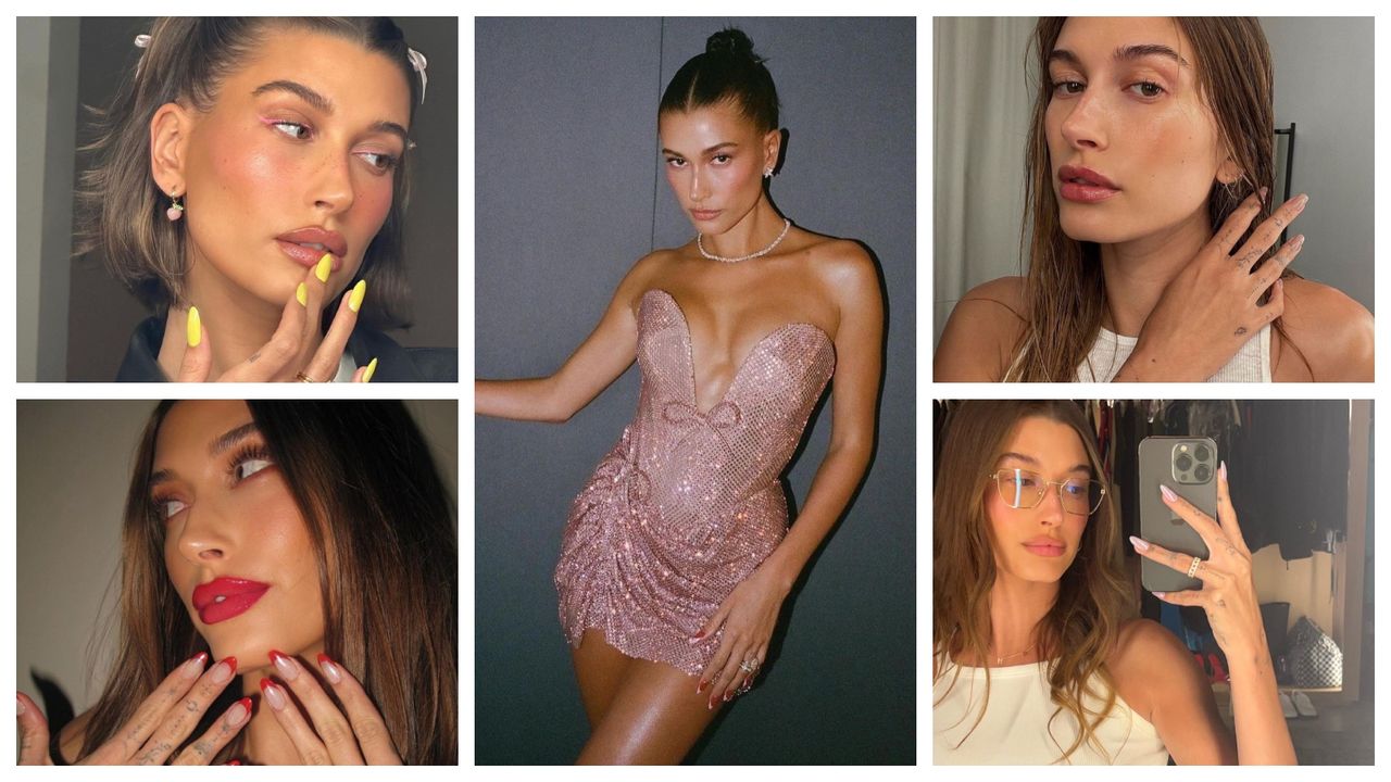 a collage of hailey bieber&#039;s best nails