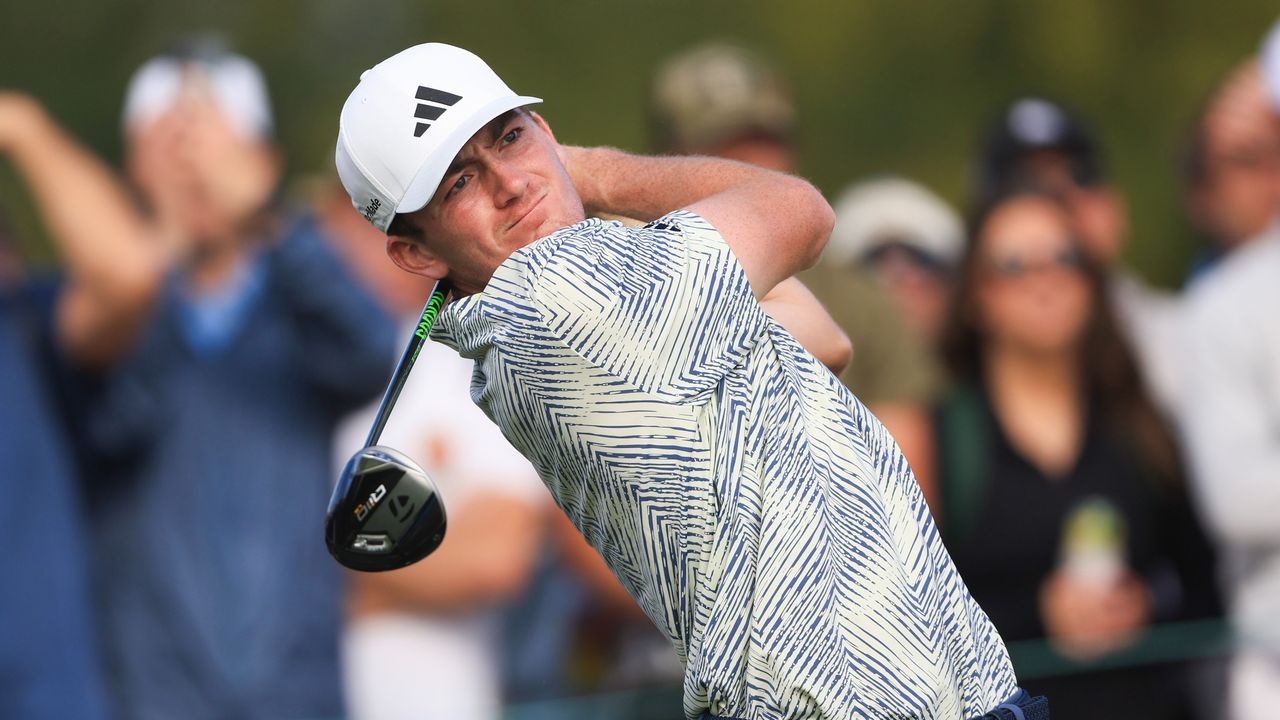 Nick Dunlap takes a tee shot during the fourth round of The American Express