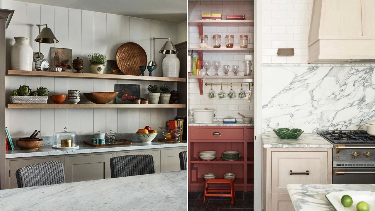 Two kitchen with open shelves