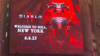 Diablo IV New York smog billboard; a game ad