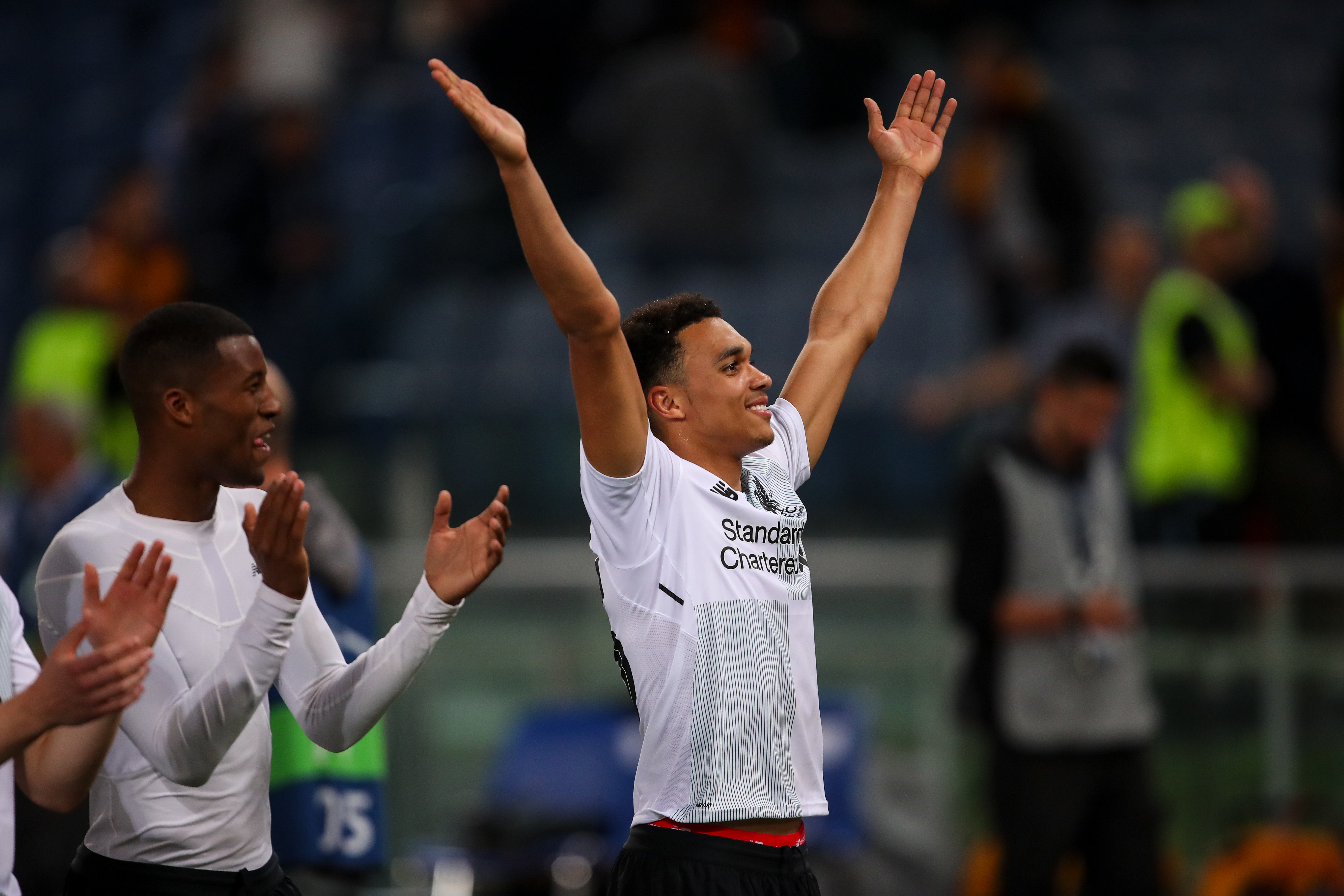 Trent Alexander-Arnold of Liverpool celebrates during the UEFA Champions League Semi Final Second Leg match between A.S. Roma and Liverpool at Stadio Olimpico on May 2, 2018 in Rome, Italy.