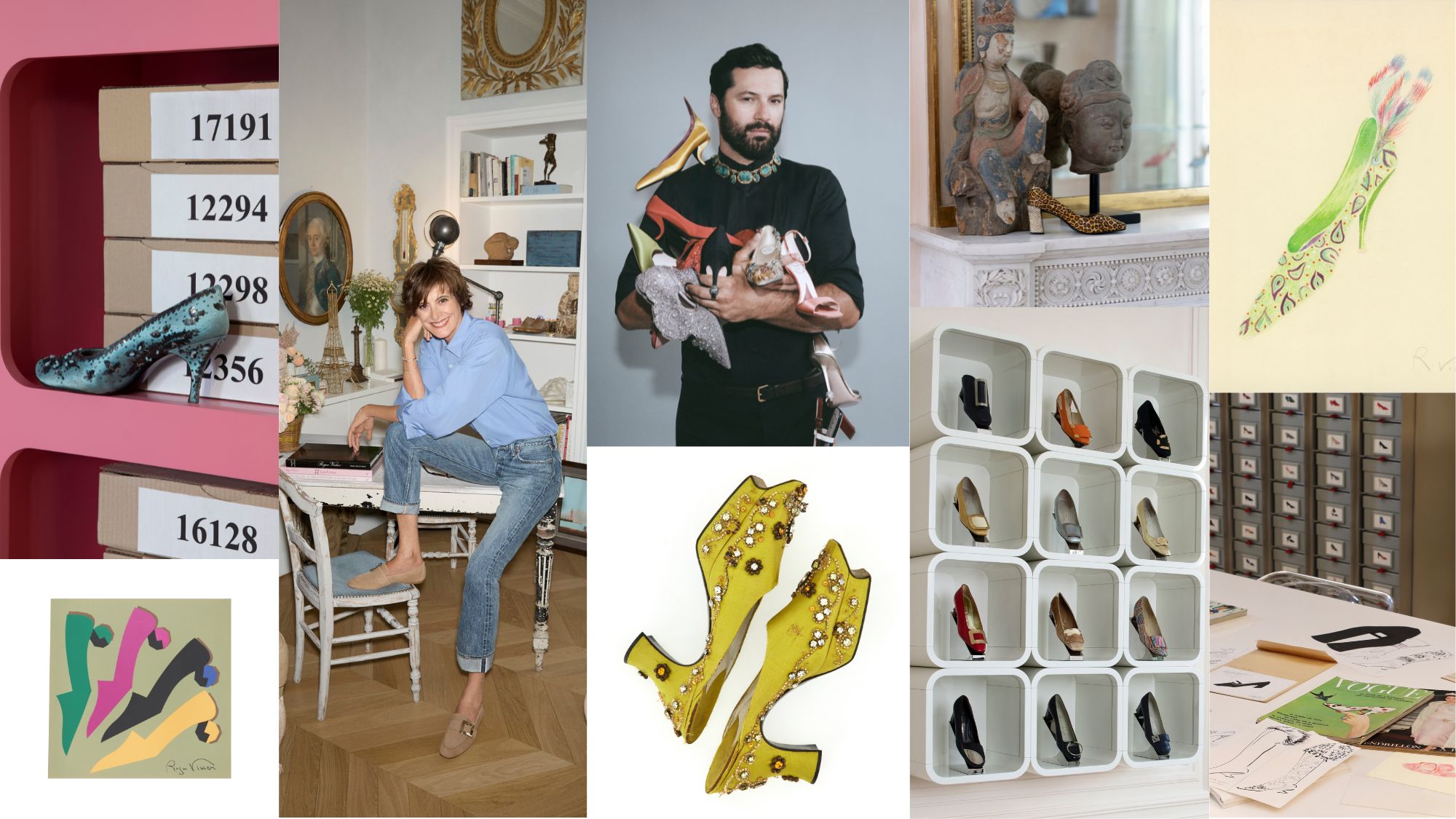 a collage showing roger vivier shoes and sketches, ines de la fressange and gherardo felloni