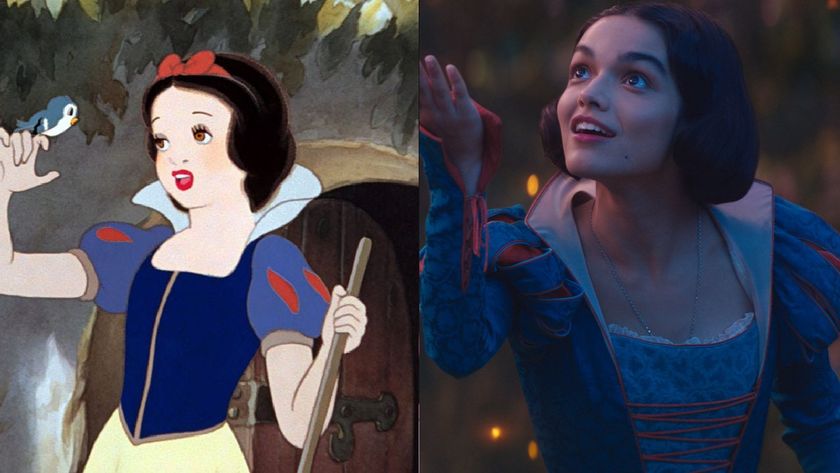 animated Snow White singing to a bird/Rachel Zegler as Snow White singing to a bird