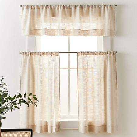 Better Homes &amp;amp; Gardens Linen Blend Light Filtering Rod Pocket Kitchen Curtain Tiers and Valance, Set of 3, Papyrus Beige, 60 W X 36 L
