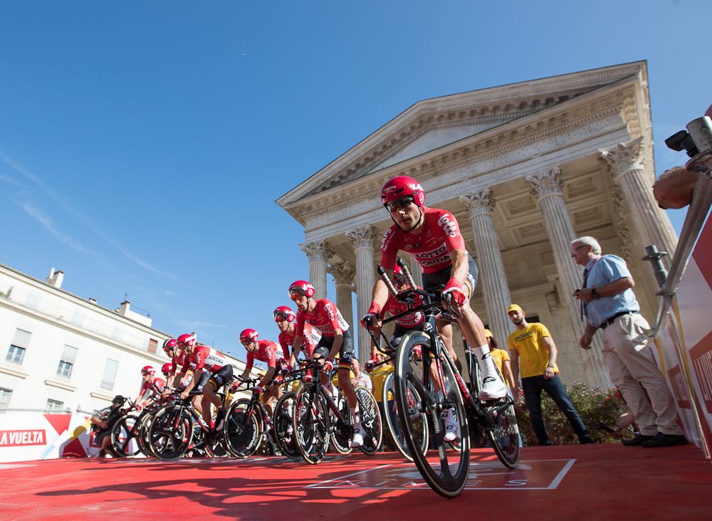 Lotto Soudal team competes during the first stage of the 72nd edition of Vuelta a Espana
