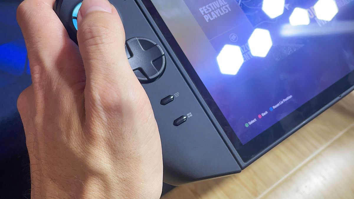 A closeup of the D-Pad and lower two buttons on the Lenovo Legion Go 2's left side.