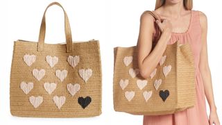 composite of model wearing BTB Los Angeles Be Mine Straw Tote and flat lay