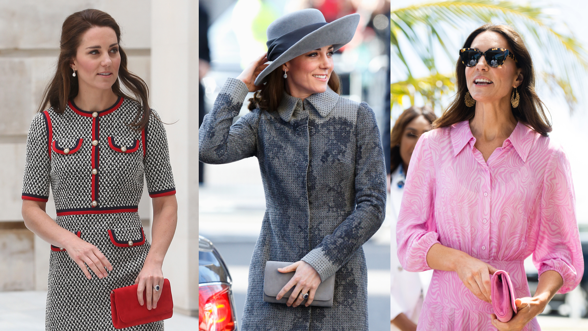 Princess Kate carrying the same Emmy London clutch in three different colors 