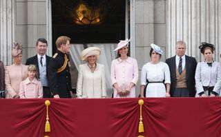 Sophie, Countess of Wessex, Lady Louise Windsor, Sir Timothy Laurence, Prince Harry, Camilla, Duchess of Cornwall, Catherine, Duchess of Cambridge, Princess Eugenie, Prince Andrew, Duke of York and Princess Beatrice stand on the balcony at Buckingham Palace