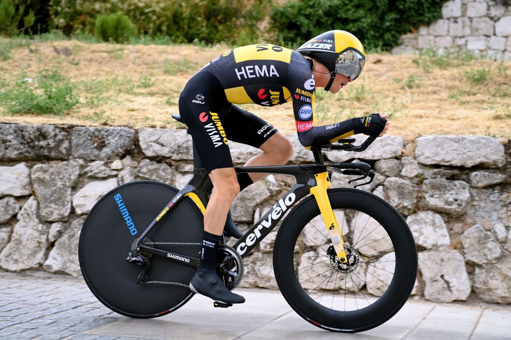 BURGOS SPAIN AUGUST 14 Sepp Kuss of United States and Team Jumbo Visma competes during the 76th Tour of Spain 2021 Stage 1 a 71km individual time trial from Burgos Catedral de Santa Mara to Burgos lavuelta LaVuelta21 CapitalMundialdelCiclismo catedral2021 on August 14 2021 in Burgos Spain Photo by Stuart FranklinGetty Images