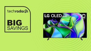 LG C3 OLED on green background with big savings text overlay