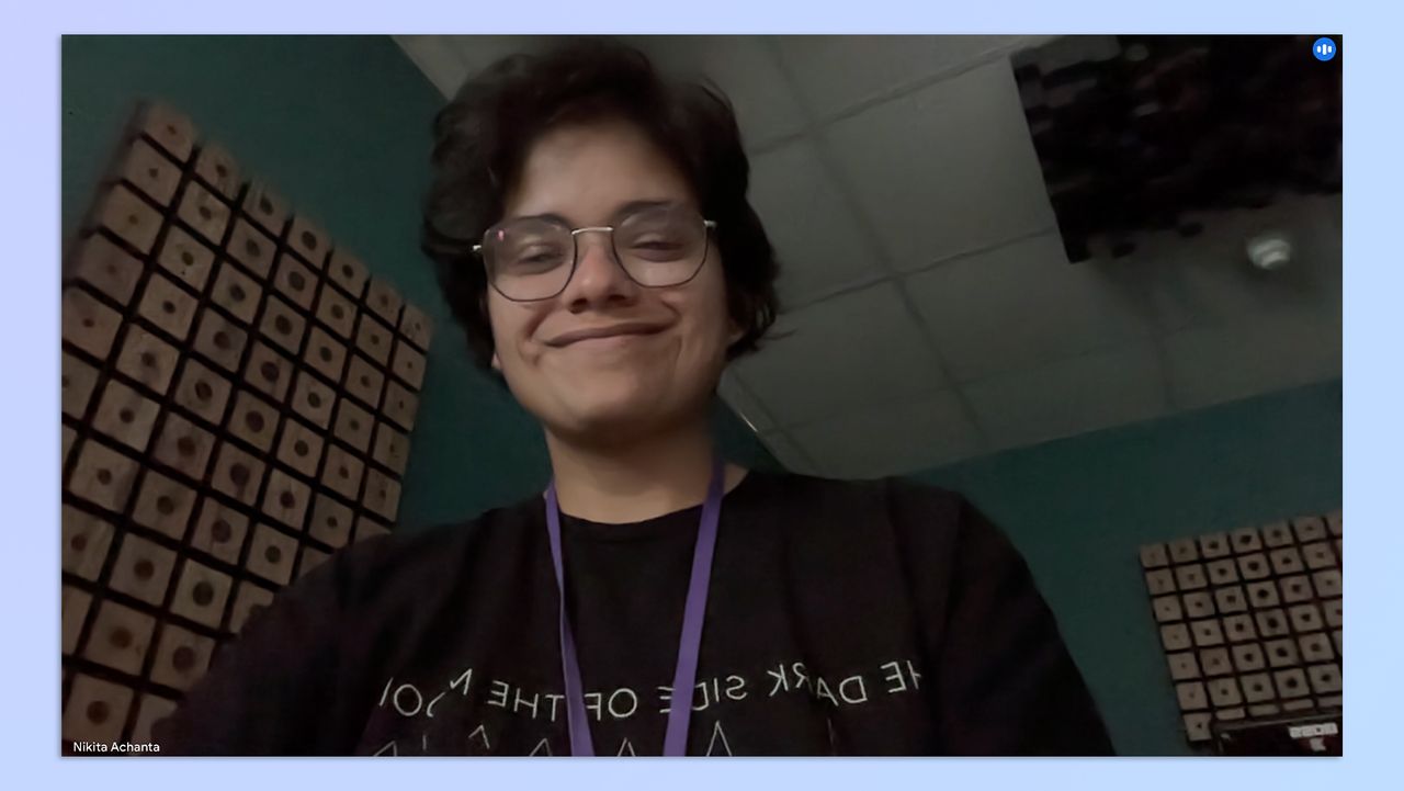 A screenshot of Staff Writer Nikita Achanta trying the Elgato Facecam Pro 4K webcam