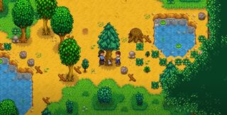 Cutting down a tree in Stardew Valley co-op