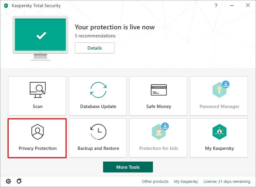 Kaspersky Control Panel on Windows 10