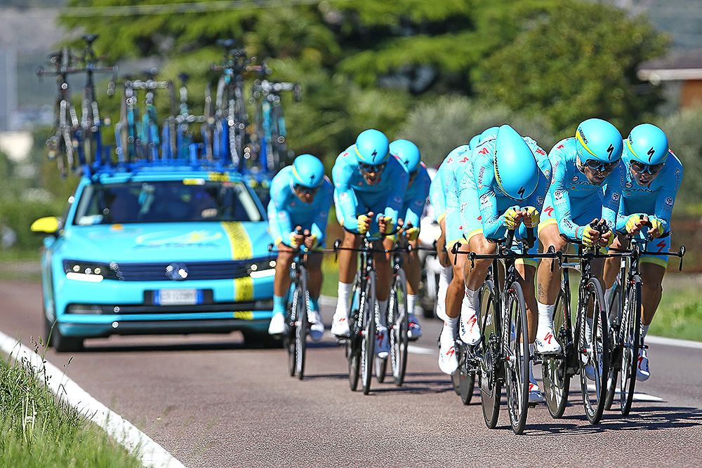 Astana on their way to winning the Giro del Trentino team time trial.