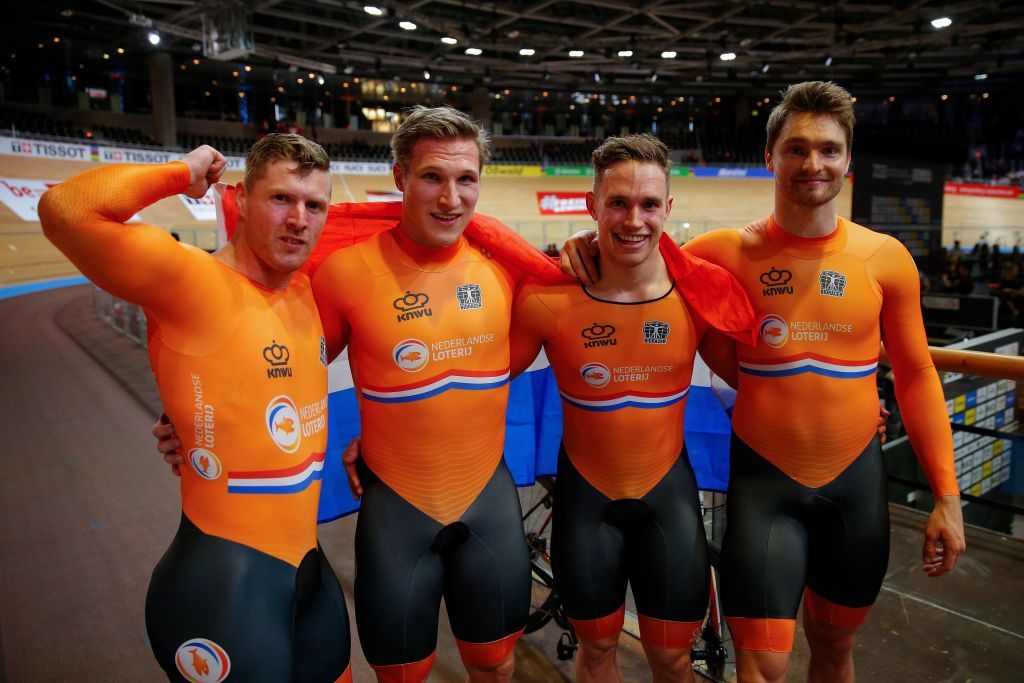 The Netherlands team celebrates Gold after the mens Team Sprint at the UCI track cycling World Championship in Berlin on February 26 2020 Photo by Odd ANDERSEN AFP Photo by ODD ANDERSENAFP via Getty Images