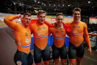 The Netherlands team celebrates Gold after the mens Team Sprint at the UCI track cycling World Championship in Berlin on February 26 2020 Photo by Odd ANDERSEN AFP Photo by ODD ANDERSENAFP via Getty Images