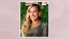 Sarah Jessica Parker is pictured with wavy hair and wearing a silver sequin dress at the Closing Night Red Carpet at the Red Sea International Film Festival 2024 on December 12, 2024 in Jeddah, Saudi Arabia/ in a pastel purple template